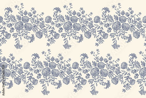 Vintage floral ethnic tapestry modern embroidery texture boho design vector illustration hand drawn silhouette indigo blue flower motif branches leaves wallpaper seamless background border.