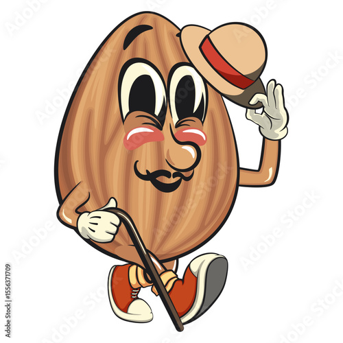 cute almond mascot cartoon vector illustration carrying a stick and saluting with raised hat, isolated nut character for healthy food branding, packaging, and snack advertisement, work of hand drawn