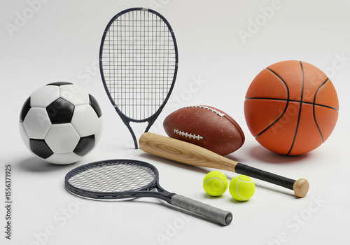 A neatly arranged set of sport equipment, including items like a soccer ball, tennis racket, baseball bat, and basketball, all placed on a clean, neutral background 