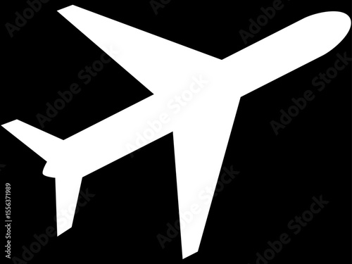 Airplane graphic, sleek white minimalist design against a solid black background, symbolizing air travel, modern transportation and journeys.