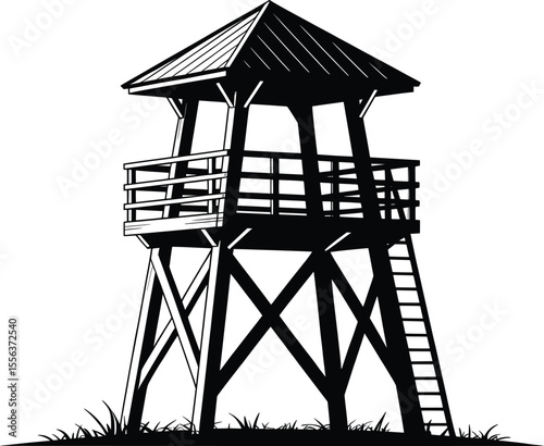 Watchtower Silhouette Vector, Forest Observation Lookout Post Illustration.