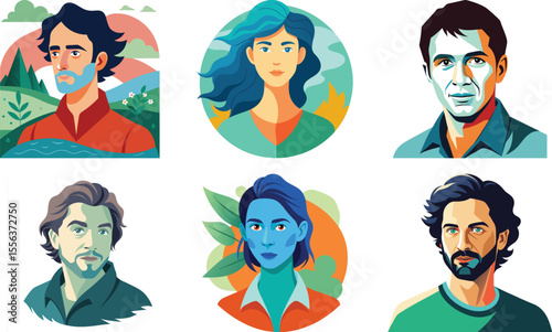 Six colorful illustrated portraits isolated on transparent background