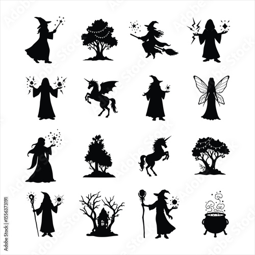 Magical Fantasy Silhouette Vector Bundle – Witch, Wizard, Unicorn, Fairy, and Enchanted Elements for Halloween and Mystical Art .