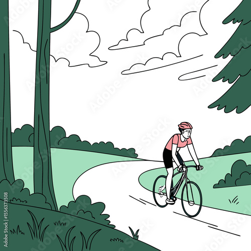 Cyclist riding a bicycle on a winding path through green landscape  