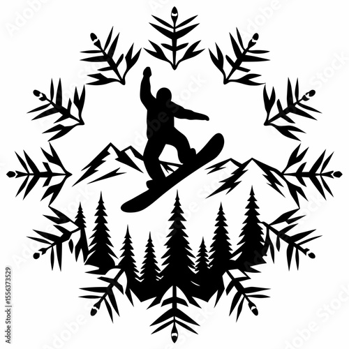 Silhouette of a snowboarder jumping among pine trees and mountains  
