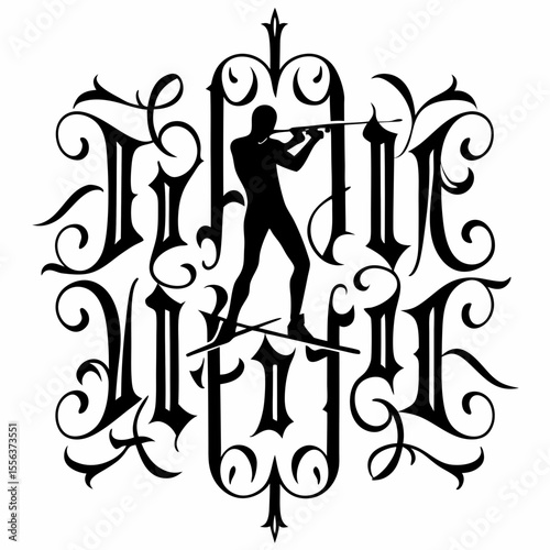 Biathlon silhouette with ornate typography design  