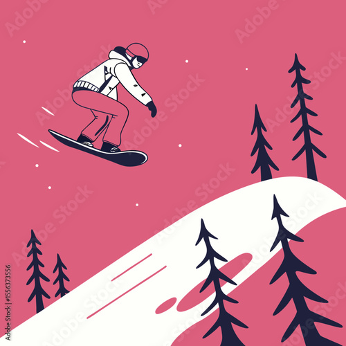 Snowboarder jumping on snowy slope surrounded by pine trees  
