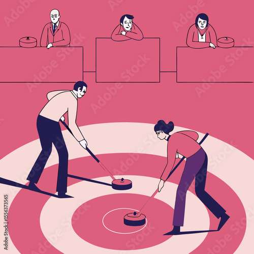Two people curling on a rink with spectators in the background  