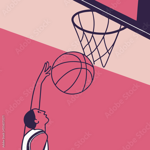 Basketball player jumping to score a basket with a hoop background  