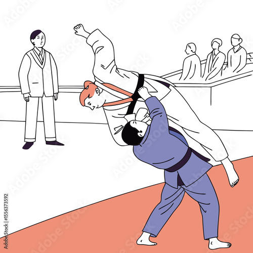 Judo athletes performing a throw in a competition setting  