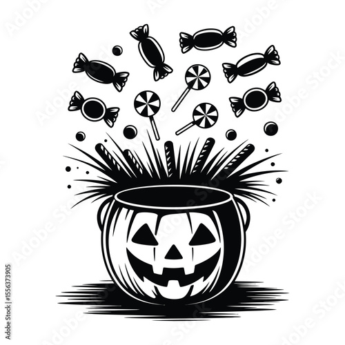  Empty Halloween bucket with spilled candy silhouette on isolated black and white background