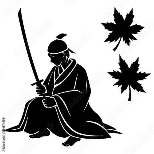 Stylized Black Samurai with Katana and Maple Leaves Silhouette Vector