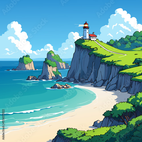 Scenic coastal landscape with a lighthouse on a cliff overlooking a sandy beach and turquoise ocean