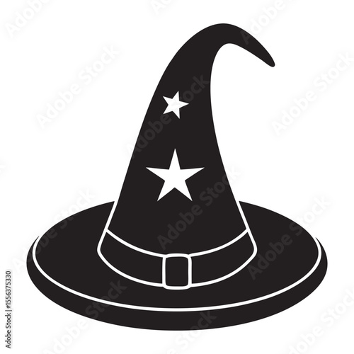 Black and white outline drawing of a classic pointed witch hat with a buckle.