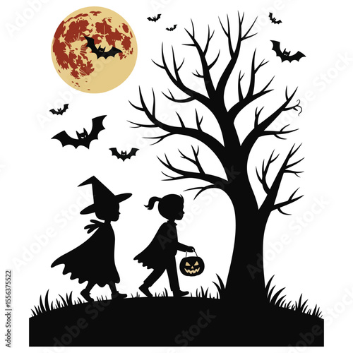 Kids in Halloween costumes walking under spooky tree with bats and full moon on isolated black and white background