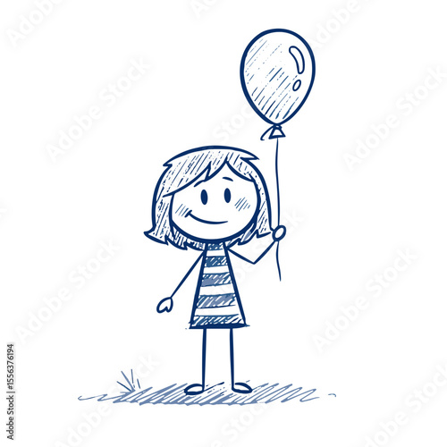 Girl smiling while holding a balloon in a hand-drawn style  