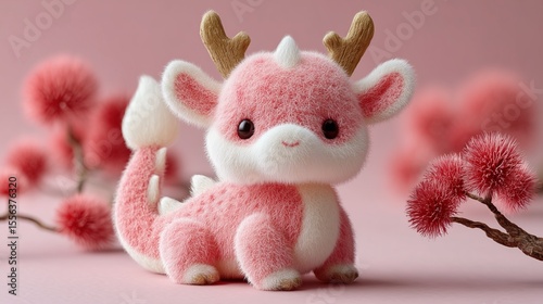 Adorable pink dragon plush toy sits amongst pink flowers.