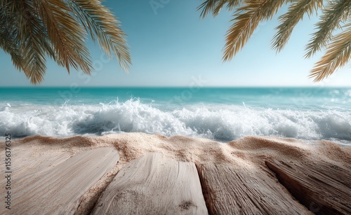 Tranquil beach scene with waves gently lapping the shore. Wooden planks in the foreground.