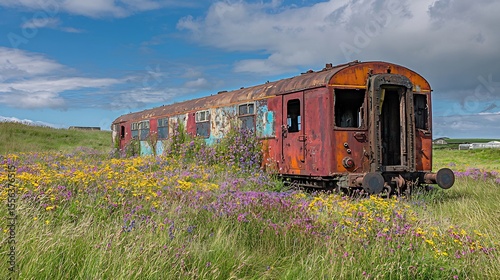 Abandoned train covered wildflowers cinematic poetic decay