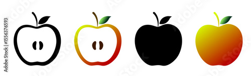 Vector apple icon set in natural gradient and black colors, whole and cut half designs