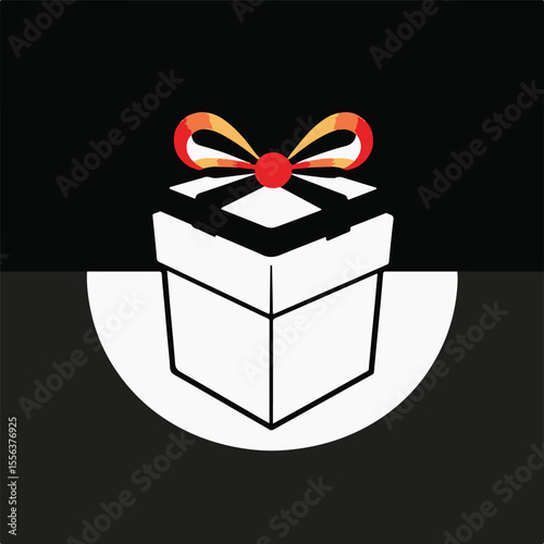 A white gift box with a red and gold ribbon sits against a black and white background.