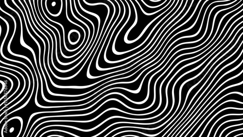 Black and white abstract wavy lines pattern with flowing topographic style. Modern art background for design and decoration.