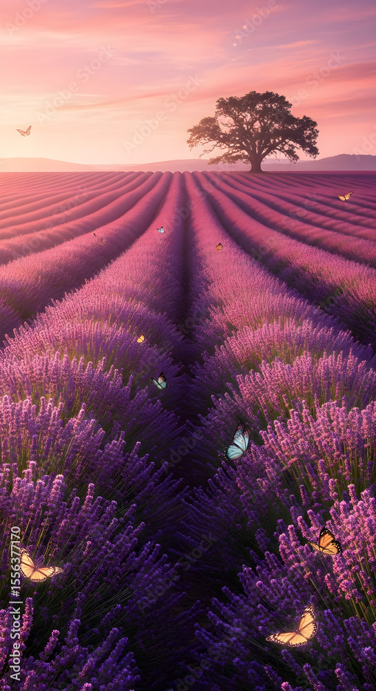 Obraz premium Enchanting Lavender Field at Sunrise with Butterflies