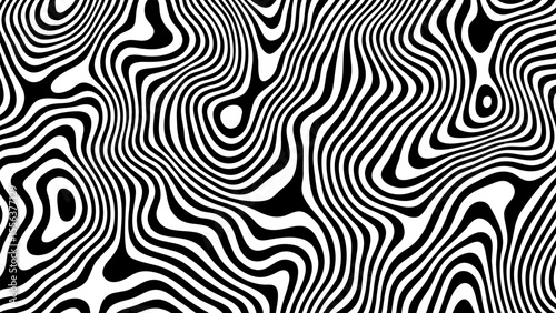 Black and white fluid wavy lines psychedelic art background poster. Illusion pattern texture. Groovy retro optical abstract design.