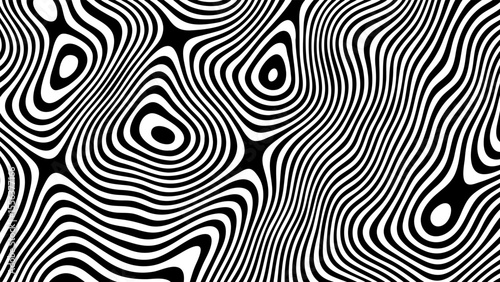 Black and white abstract wavy lines pattern a groovy psychedelic optical art illustration for background and texture.
