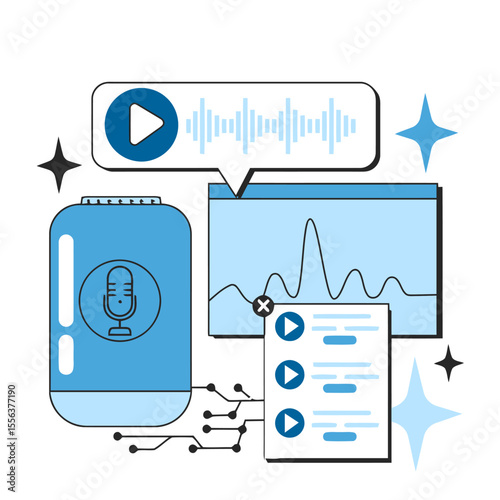 Audio podcast recording microphone sound wave voice over digital media production online podcasting studio vector art illustration and png 