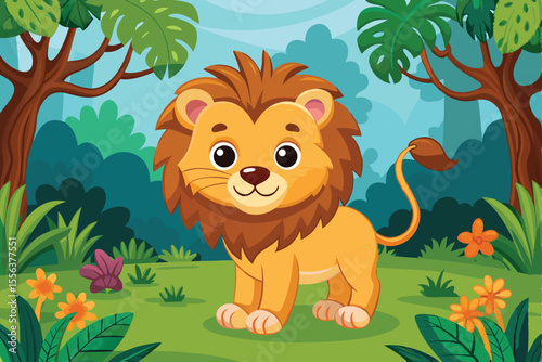 Funny cute cartoon lion character illustration in a wild jungle