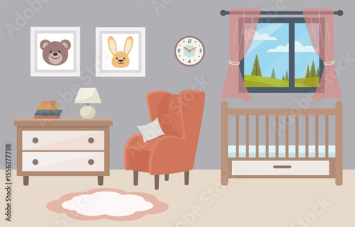 Vector illustration of a cozy children's room interior in flat style. A crib, an armchair, a chest of drawers, books, framed photographs of animals, a window with a picturesque daytime view.