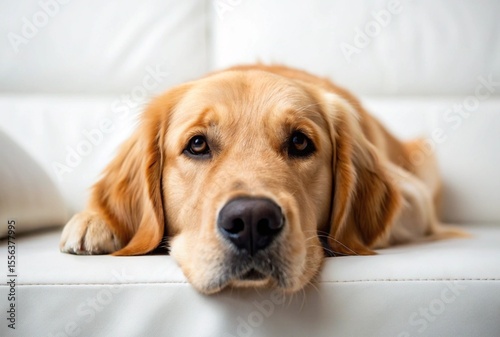 Adorable golden retriever dog resting on a white couch relaxing sweetly peaceful calm happy golden retriever puppy dog pet fur cute