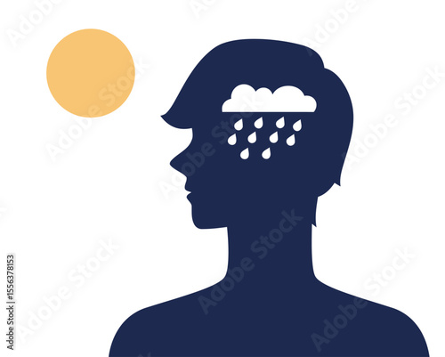 Mind rain depression cloud sun mental health sadness weather feeling emotion psychology silhouette head person vector art illustration and png 