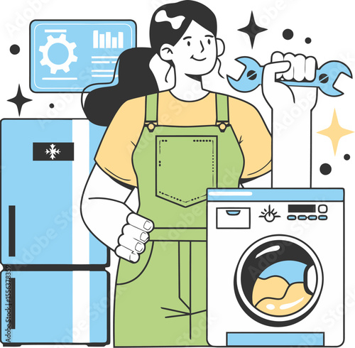 Appliance repair woman technician maintenance service fixing refrigerator washing machine wrench professional vector art illustration and png 