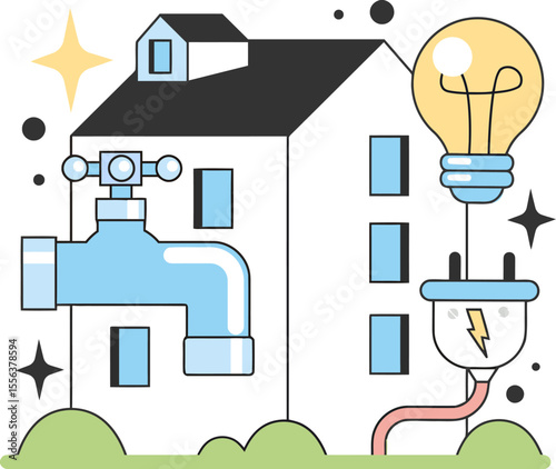 House energy water power electricity lightbulb plug sustainability conservation resources efficiency saving vector art illustration and png 