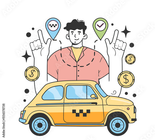 Taxi car ride service transportation travel driver location money app booking online fast cheap easy vector art illustration and png 