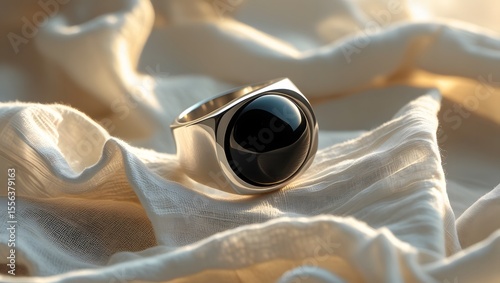 Sculptural Silver Ring with Black Onyx on Linen