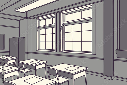 Empty classroom with tests on desks, ideal for education, exams, or academic environment promotions.