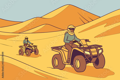Friends riding quad bikes in sunny desert, Namibia, ideal for adventure, travel, or outdoor lifestyle ads.
