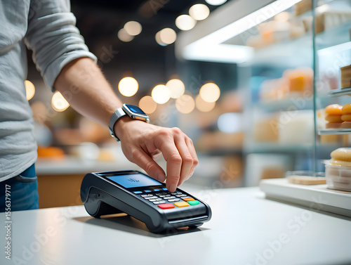 Man using contactless payment on POS terminal, modern smartwatch, bokeh background, retail store.
