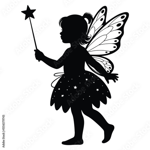 Silhouette of little girl in fairy costume with wings and wand on isolated black and white background