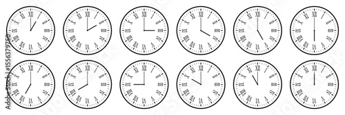 horizontal set of analog clock icon with roman numeral notifying each hour isolated on white,vector illustration.
