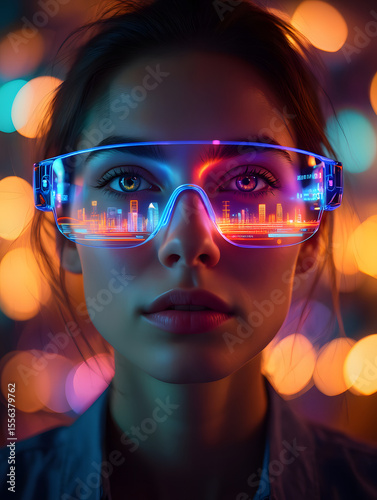 Cyberpunk Woman: Futuristic Smart Glasses, Neon Cityscape Reflection, Dreamy Bokeh Background