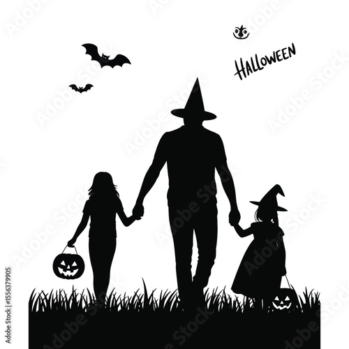 Silhouette of parents walking with kids in Halloween costumes on isolated black and white background