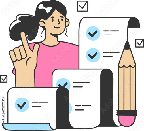 Checklist task management productivity woman planning organization pencil document project work success vector art illustration and png 