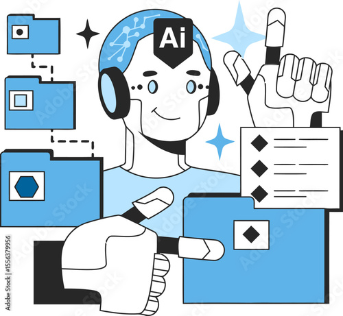 Ai robot automation processing data files folders artificial intelligence technology solutions system vector art illustration and png 