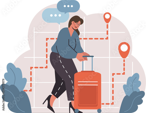 Woman travel trip journey vacation tourism tourist destination luggage bag route map location plan holiday vector art illustration and png 