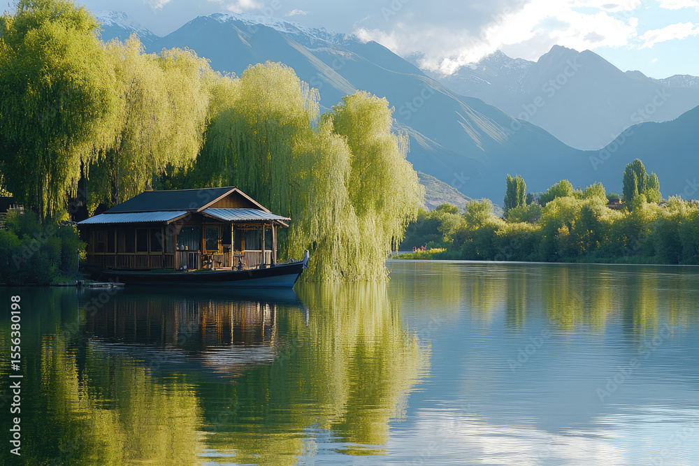 Fototapeta premium Wooden houseboat nestled by weeping willows on a calm lake with mountain backdrop
