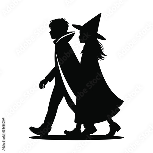 Teen brother and sister in vampire and witch costumes walking silhouette on isolated black and white background